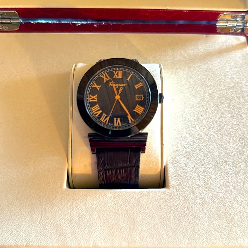Salvatore Ferragamo “Grande Maison” watch, stainless steel, black leather band